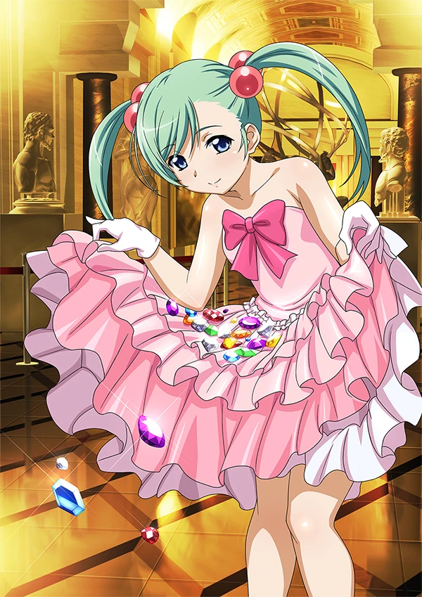 1girl aqua_hair bare_shoulders blue_eyes bow closed_mouth dress feet_out_of_frame female_focus flat_chest gems gloves hair_bobbles hair_ornament ikkitousen indoors long_hair looking_at_viewer magatama official_art pink_dress shokatsuryou_koumei smile solo standing swept_bangs