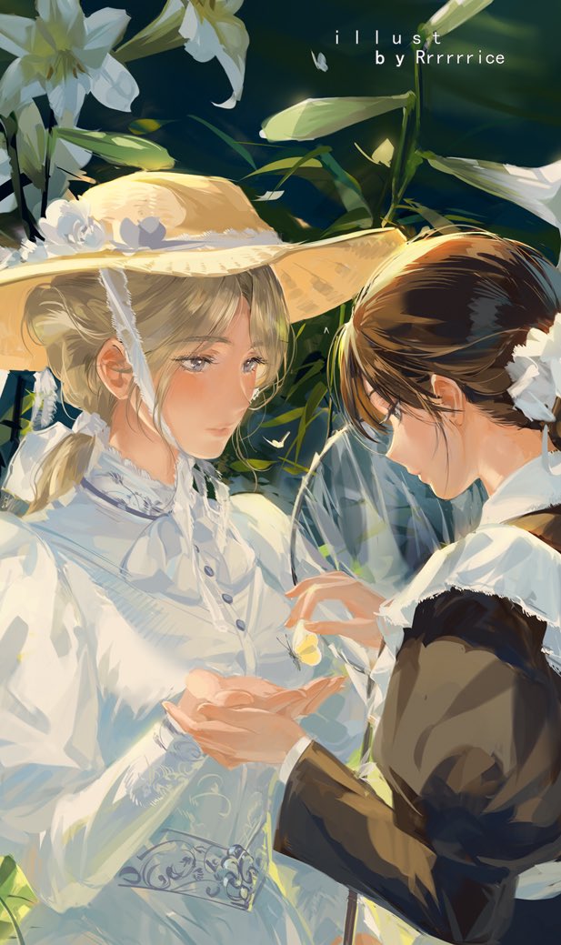 2girls apron artist_name blonde_hair blue_eyes bow bowtie brown_hair bug butterfly collared_dress commentary day dress english_commentary flower from_side giving grey_eyes hair_ornament hair_scrunchie hand_on_hand hat holding_butterfly insect juliet_sleeves leaf lily_(flower) long_sleeves looking_down low_ponytail maid maid_apron multiple_girls original outdoors parted_bangs ponytail puffy_sleeves rrr_(reason) scrunchie smile straw_hat sun_hat upper_body white_apron white_bow white_bowtie white_dress white_flower yellow_butterfly