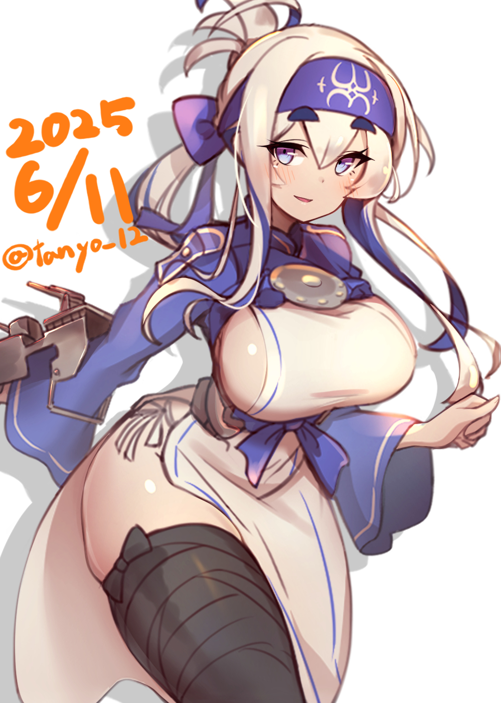 1girl ainu_clothes arm_wrap blue_eyes blue_headband breasts cropped_jacket dated folded_ponytail hair_between_eyes headband highres kamoi_(kancolle) kantai_collection large_breasts leg_wrap long_hair long_sleeves looking_at_viewer one-hour_drawing_challenge open_mouth panties pelvic_curtain side-tie_panties sideboob sidelocks simple_background smile solo tanyou thick_eyebrows twitter_username underwear white_background white_hair wrist_guards