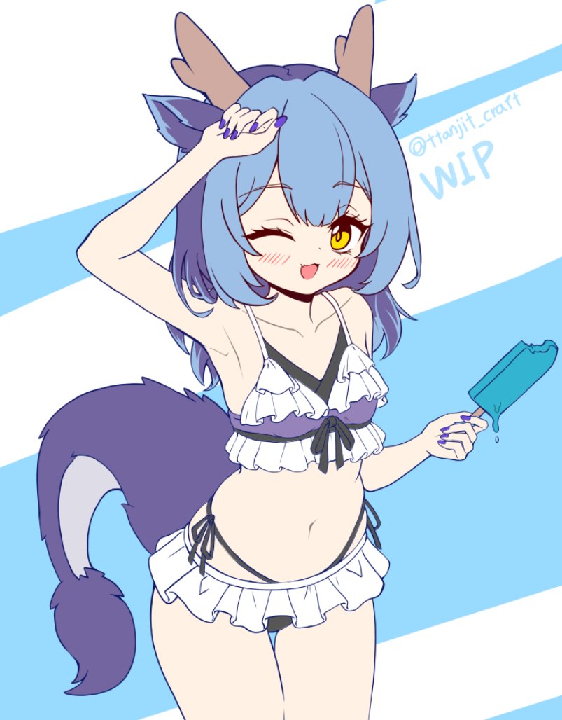 1girl alternate_costume alternate_hairstyle arm_up armpits bare_shoulders bikini blue_hair blue_nails blush breasts collarbone commentary_request dragon_girl dragon_horns dragon_tail duel_monster eastern_dragon_horns food frilled_bikini frilled_bikini_top frills hair_between_eyes holding holding_food holding_popsicle horns laundry_dragonmaid long_hair looking_at_viewer melting_popsicle navel one_eye_closed open_mouth popsicle small_breasts smile solo stomach swimsuit tail ttakji_craft twitter_username yellow_eyes yu-gi-oh!