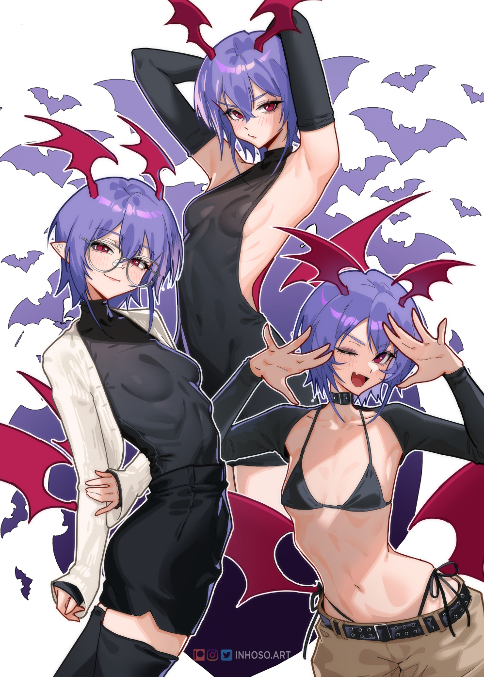 1girl :/ ;d arm_behind_back arms_behind_head arms_up artist_name bat_wings belt belt_collar bikini black_belt black_bikini black_dress black_shirt black_shorts black_sleeves black_thighhighs breasts brown_pants cardigan closed_mouth collar commentary covered_navel cowboy_shot crossed_bangs darkstalkers demon_girl detached_sleeves double-parted_bangs dress english_commentary fang glasses hair_between_eyes head_wings highleg highleg_bikini highres inhoso instagram_logo light_blush lilith_(darkstalkers) long_sleeves looking_at_viewer low_wings multiple_views navel one_eye_closed open_cardigan open_clothes open_mouth pants patreon_logo pointy_ears purple_hair red_eyes shirt short_hair shorts shrug_(clothing) side-tie_bikini_bottom sideless_outfit skin_fang sleeves_past_wrists small_breasts smile standing string_bikini swimsuit thighhighs turtleneck turtleneck_shirt twitter_logo white_cardigan wings