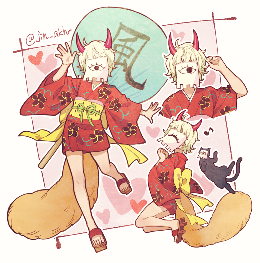 1girl bao_huang black_cat blonde_hair cat geta hand_fan hand_fan_writing heart horns japanese_clothes jin_akhr kimono multiple_views musical_note one_piece oversized_hat oversized_object red_horns red_kimono sandals twitter_username