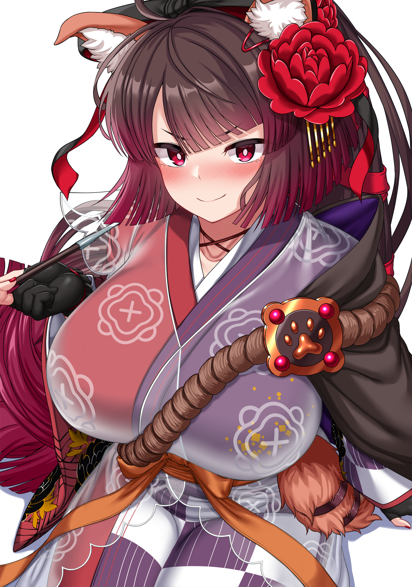 1girl ahoge breasts brown_hair checkered_clothes checkered_kimono fate/grand_order fate_(series) floral_print flower grey_kimono hair_flower hair_ornament hair_ribbon highres hitotsuki_nebura japanese_clothes kimono kyokutei_bakin_(fate) kyokutei_bakin_(second_ascension)_(fate) large_breasts long_hair long_sleeves looking_at_viewer multicolored_kimono ponytail red_eyes red_kimono red_ribbon ribbon rope sash smile solo very_long_hair wide_sleeves