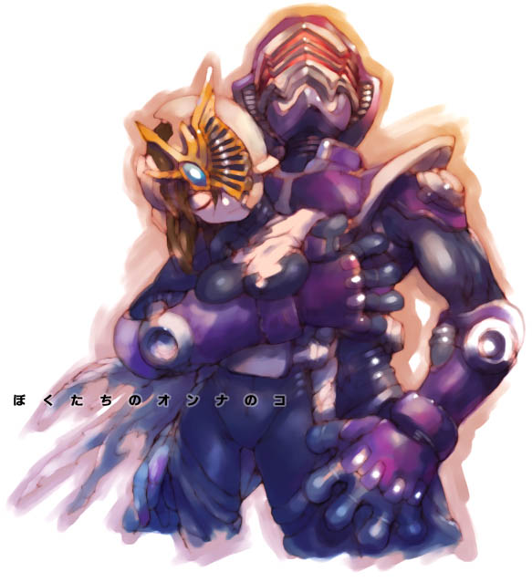 1boy 1girl armor bodysuit breasts cape cleavage cowboy_shot helmet hetero hug kamen_rider kamen_rider_femme kamen_rider_ohja kamen_rider_ouja kamen_rider_ryuki kamen_rider_ryuki_(series) nakayama_tooru simple_background standing text_focus uniform white_background