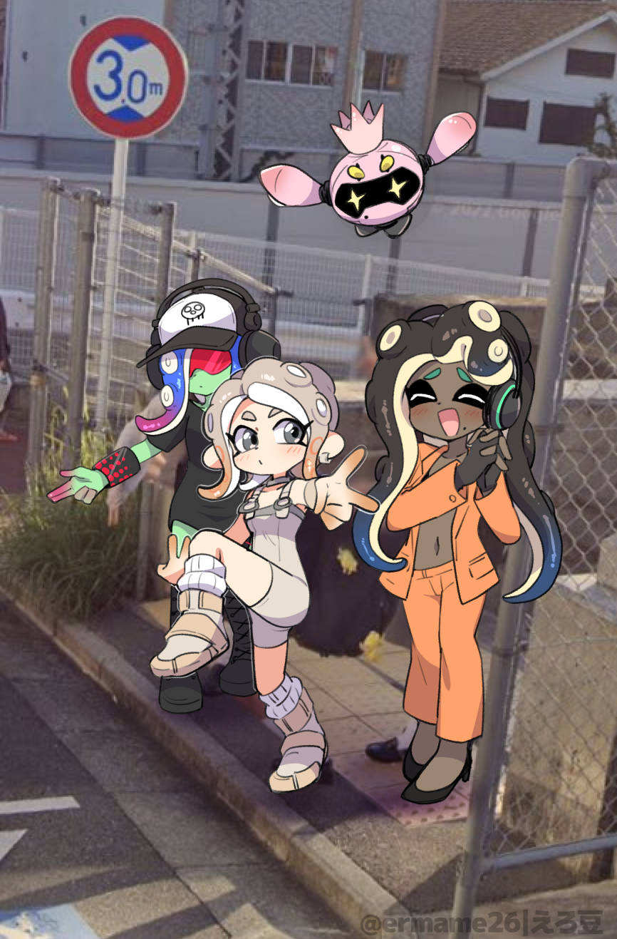 3girls agent_8_(splatoon) baseball_cap closed_eyes dark-skinned_female dark_skin dedf1sh eromame gradient_skin hat headphones headphones_over_headwear high_school_girls_posing_for_google_street_view_(meme) highres looking_at_viewer marina_(splatoon) meme multiple_girls nintendo octoling own_hands_together pearl_(splatoon) pearl_drone_(splatoon) print_headwear real_world_location sanitized_(splatoon) splatoon_(series) splatoon_3 splatoon_3:_side_order strappy_heels suction_cups tentacle_hair