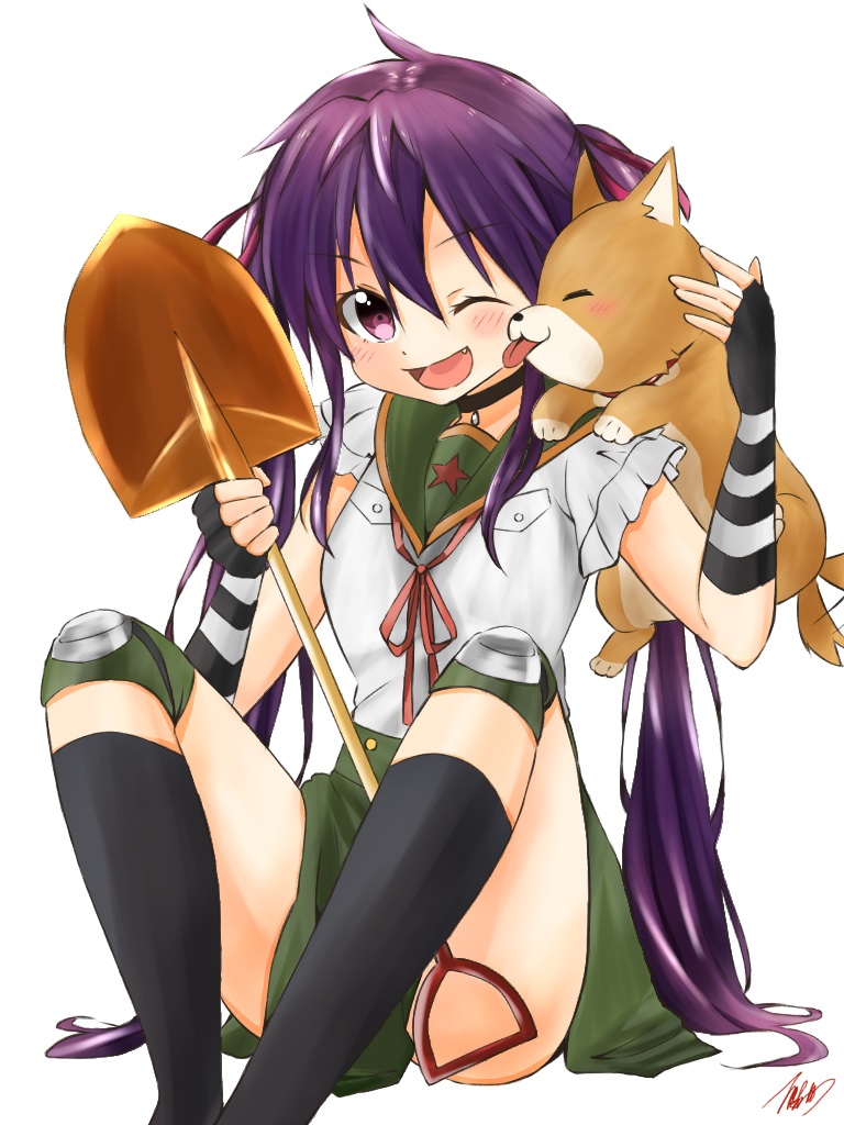 10s 1girl :d ;d blush dog ebisuzawa_kurumi fang female_focus fingerless_gloves gakkou_gurashi! gloves knee_pads licking long_hair mar0maru one_eye_closed open_mouth purple_eyes purple_hair school_uniform shovel skirt smile solo taroumaru_(gakkou_gurashi) twintails worktool