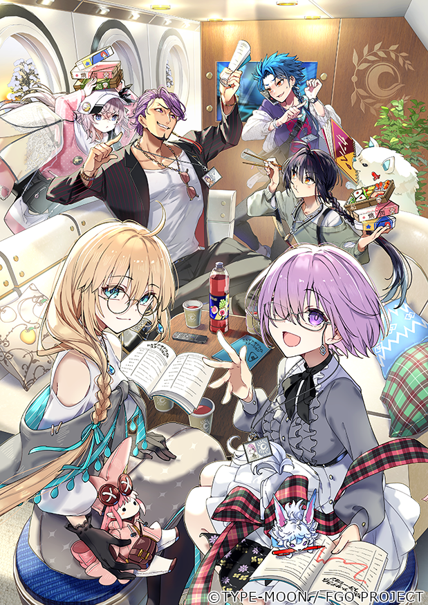 1other 2boys 3girls aesc_(fate) aesc_(rain_witch)_(fate) ahoge black_hair blonde_hair blue_eyes blush book bottle braid braided_ponytail breasts brown_eyes carimarica cellphone chaldea_logo character_doll couch cu_chulainn_(fate) cup cushion dog duryodhana_(fate) earrings facial_hair fate/grand_order fate_(series) feather_hair_ornament feathers fou_(fate) glasses gloves goatee grin habetrot_(fate) hair_between_eyes hair_ornament hair_over_one_eye hat holding holding_bento holding_book id_card indoors jacket jewelry large_breasts long_hair long_sleeves looking_at_viewer mash_kyrielight medium_breasts multiple_boys multiple_girls necklace official_art on_couch open_clothes open_jacket open_mouth orange_eyes phone pink_hair plant potted_plant purple_eyes purple_hair red_eyes round_eyewear saika_magoichi_(fate) setanta_(fate) shirt short_hair side_ponytail sidelocks sitting small_breasts smartphone smile standing stuffed_toy table unworn_eyewear watch white_hair wristwatch yamato_takeru_(fate)