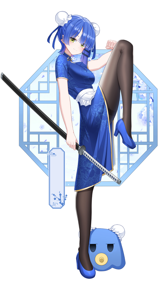 1girl apron blue_dress blue_hair blue_shoes bocchi_the_rock! breasts china_dress chinese_clothes closed_mouth double_bun dress frilled_apron frills full_body hair_bun highres holding holding_sword holding_weapon katana leg_up looking_at_viewer maid_apron medium_breasts merueru mole mole_under_eye pantyhose shoes short_hair short_sleeves smile standing standing_on_one_leg sword umbrella_octopus weapon yamada_ryo yellow_eyes