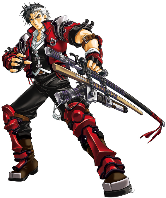 1boy arisu_reiji banpresto belt capcom fingerless_gloves full_body gloves gun katana male_focus multicolored_hair namco namco_x_capcom official_art red_eyes simple_background solo super_robot_wars super_robot_wars_og_saga_mugen_no_frontier sword two-tone_hair uniform weapon
