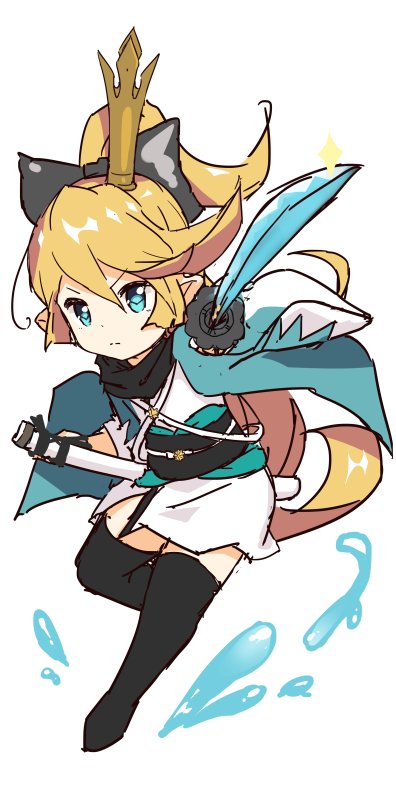 alternate_costume bad_id bad_twitter_id black_bow black_legwear blonde_hair blue_eyes bow charlotta_(granblue_fantasy) cosplay crown fate/grand_order fate_(series) granblue_fantasy hair_ribbon haori harvin japanese_clothes katana kimono long_hair o_(rakkasei) okita_souji_(fate) okita_souji_(koha-ace) okita_souji_(koha-ace)_(cosplay) ponytail ribbon scarf short_kimono sparkle sword thighhighs weapon