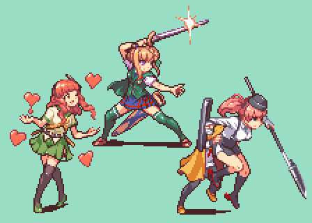 3girls atlanta_(kancolle) belt black_socks blonde_hair breasts brown_hair closed_mouth de_ruyter_(kancolle) excalibur_(fate/stay_night) excalibur_(mythology) full_body garrison_cap glaive_(polearm) green_background green_legwear green_vest hat headgear heart holding holding_polearm holding_spear holding_sword holding_weapon kantai_collection kneehighs long_hair long_sleeves lowres miniskirt multiple_girls oh_bako one_eye_closed open_mouth perth_(kancolle) pixel_art plaid_clothes plaid_skirt pleated_skirt polearm red_hair sailor_collar sheath shirt short_sleeves simple_background skirt socks sparkle spear sword thighhighs twintails vest weapon zettai_ryouiki
