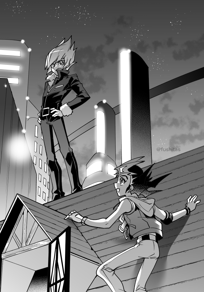 2boys belt commentary_request fingerless_gloves full_body fushitasu gloves greyscale jacket male_focus monochrome multiple_boys night on_rooftop open_mouth outdoors pants short_hair single_fingerless_glove sleeveless sleeveless_jacket spiked_hair standing_on_roof tsukumo_yuma twitter_username vector_(yu-gi-oh!) wristband yu-gi-oh! yu-gi-oh!_zexal