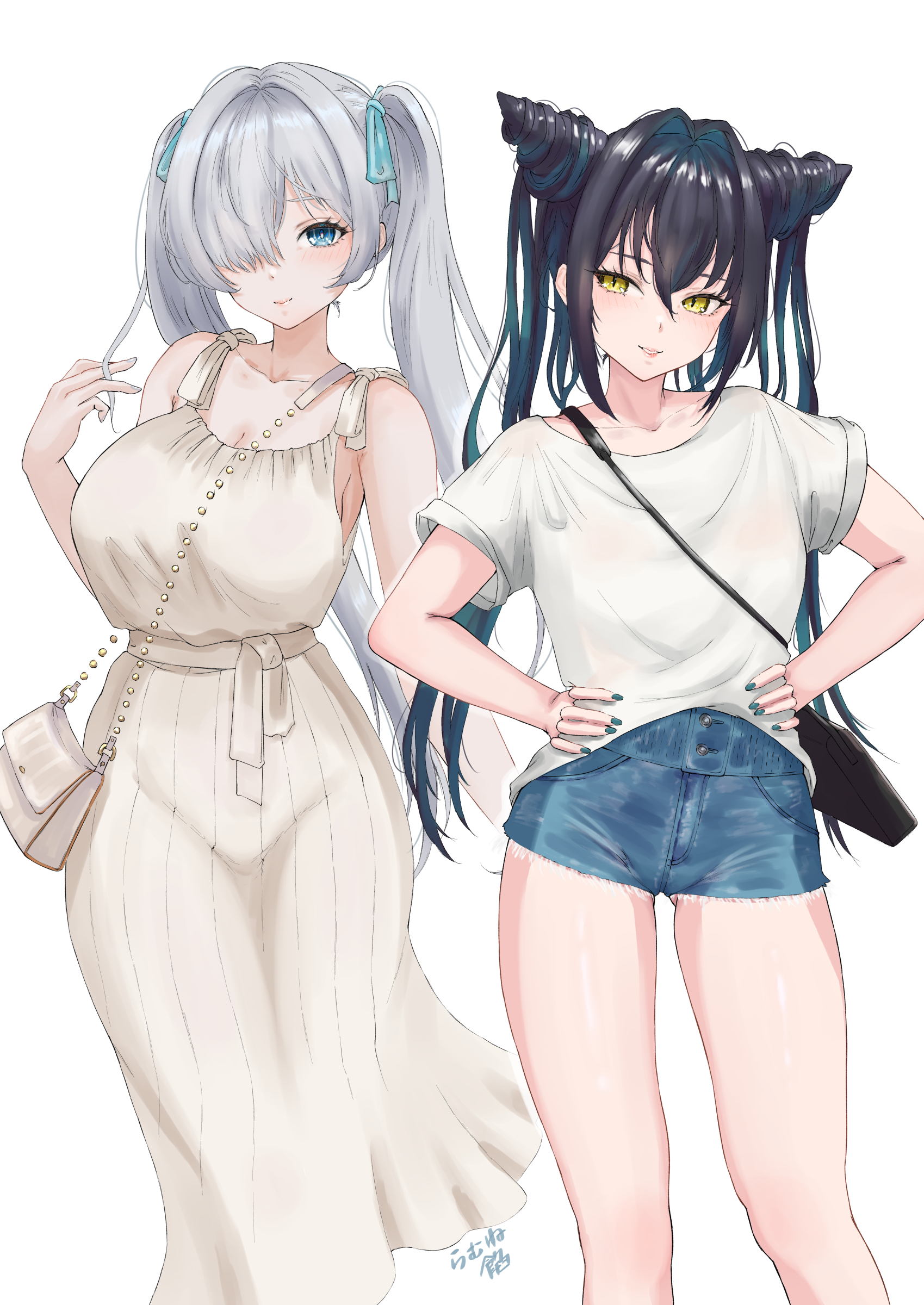 2girls absurdres black_hair blue_eyes blue_nails blue_shorts blush breasts cinderella_(nikke) cone_hair_bun denim denim_shorts dress goddess_of_victory:_nikke green_hair grey_hair hair_bun hair_over_one_eye hands_on_own_hips highres large_breasts little_mermaid_(nikke) looking_at_viewer medium_breasts multicolored_hair multiple_girls nail_polish ramuneogura shirt shorts simple_background smile streaked_hair twintails white_background white_dress white_shirt yellow_eyes