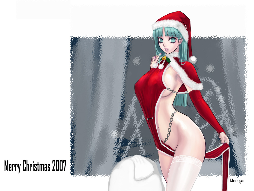 00s 1girl 2007 ark_(morita_hitomi) bare_shoulders bell breasts capcom chair character_name christmas covered_erect_nipples curtains darkstalkers detached_sleeves elbow_gloves female_focus fingernails gloves green_eyes green_hair hat large_breasts long_fingernails long_hair matching_hair/eyes morrigan_aensland nail_(hardware) nail_polish nipples no_bra panties pantyshot pink_nails santa_costume santa_hat sideboob solo thighhighs thighs underwear white_thighhighs