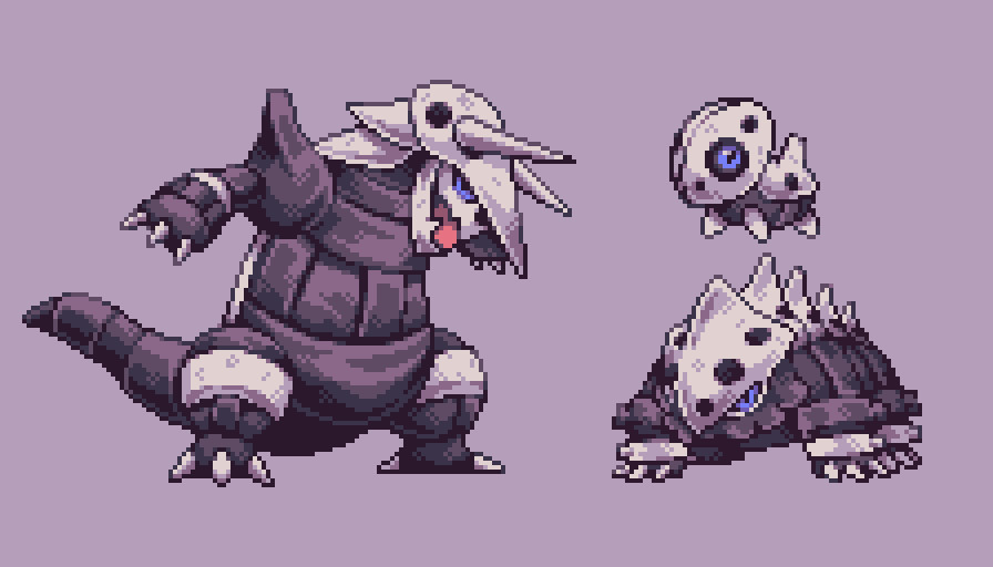 aggron armlet aron blue_eyes closed_mouth dutch_angle empty_eyes evolutionary_line gen_3_pokemon horns jewelry lairon looking_at_viewer looking_up nintendo open_mouth outstretched_arms pixel_art pokemon pokemon_(creature) rock roseypixels simple_background size_difference skull_ornament smile spikes