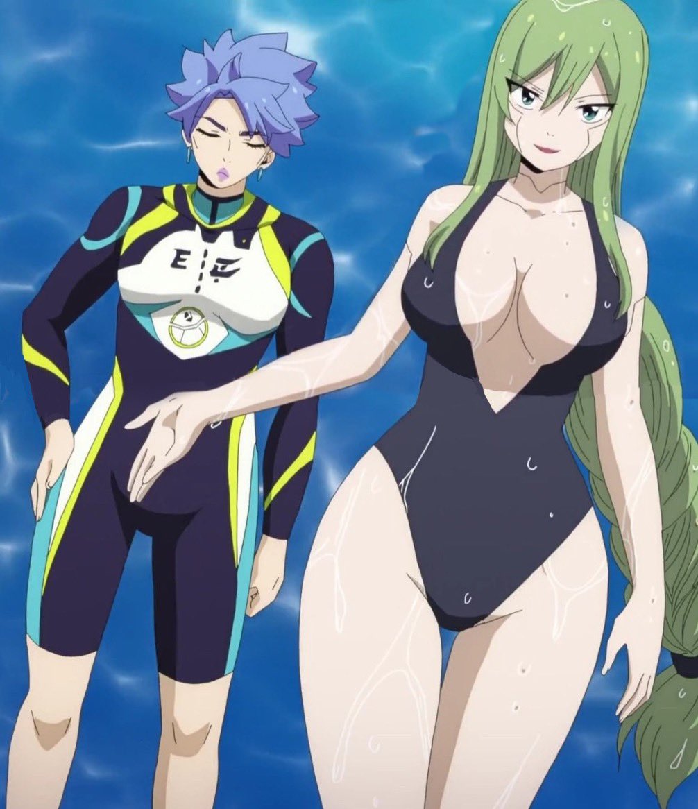 1boy 1girl android breasts cleavage eden&#039;s_zero green_eyes green_hair huge_breasts introduction laguna_husert lipstick long_hair makeup robot screencap swimsuit tagme thick_thighs thighs very_long_hair water wet witch_regret