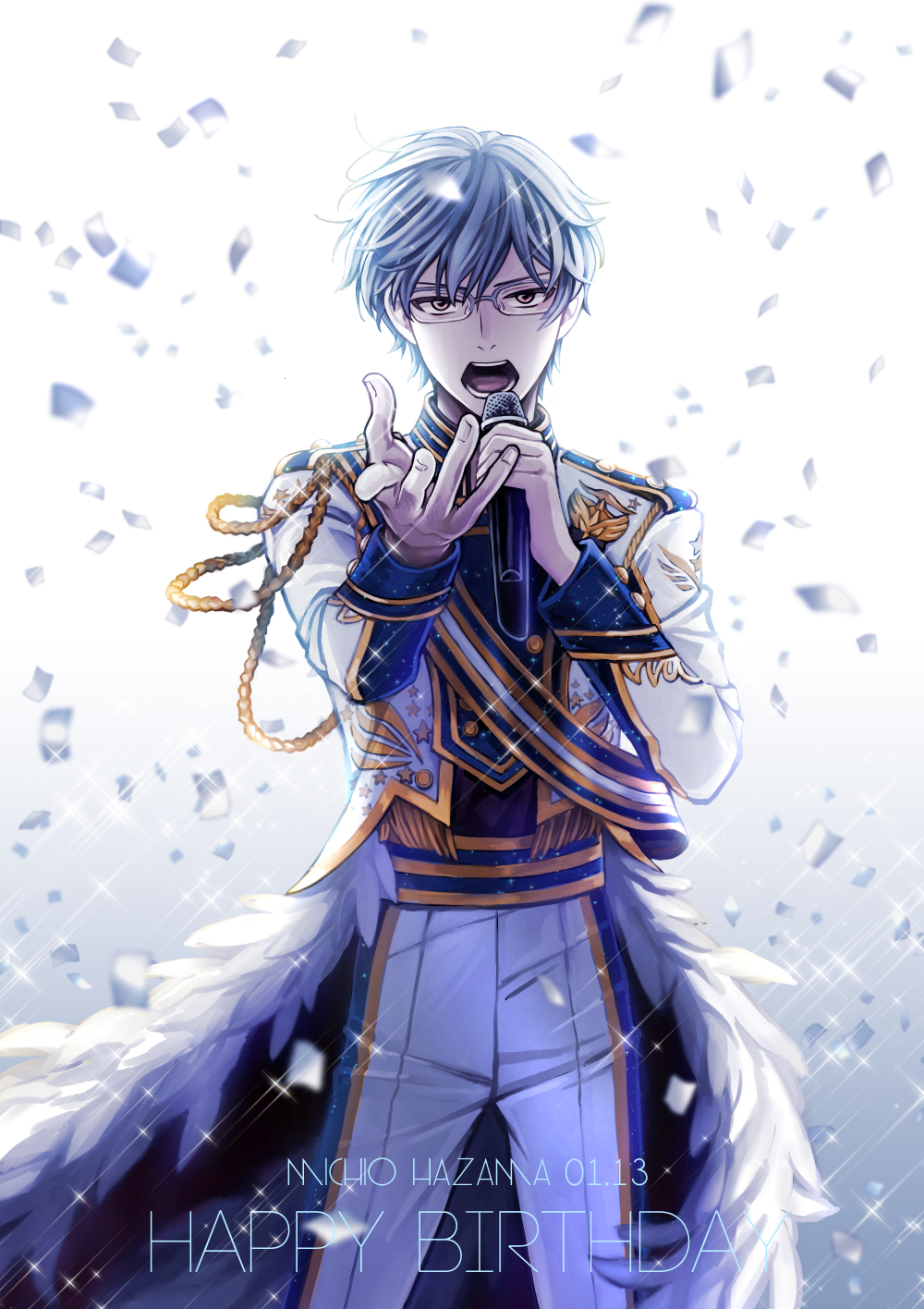 1boy character_name confetti fingernails fukakuteisei glasses grey_hair happy_birthday hazama_michio highres idolmaster idolmaster_side-m long_sleeves male_focus microphone open_mouth pants solo star_(symbol) teeth