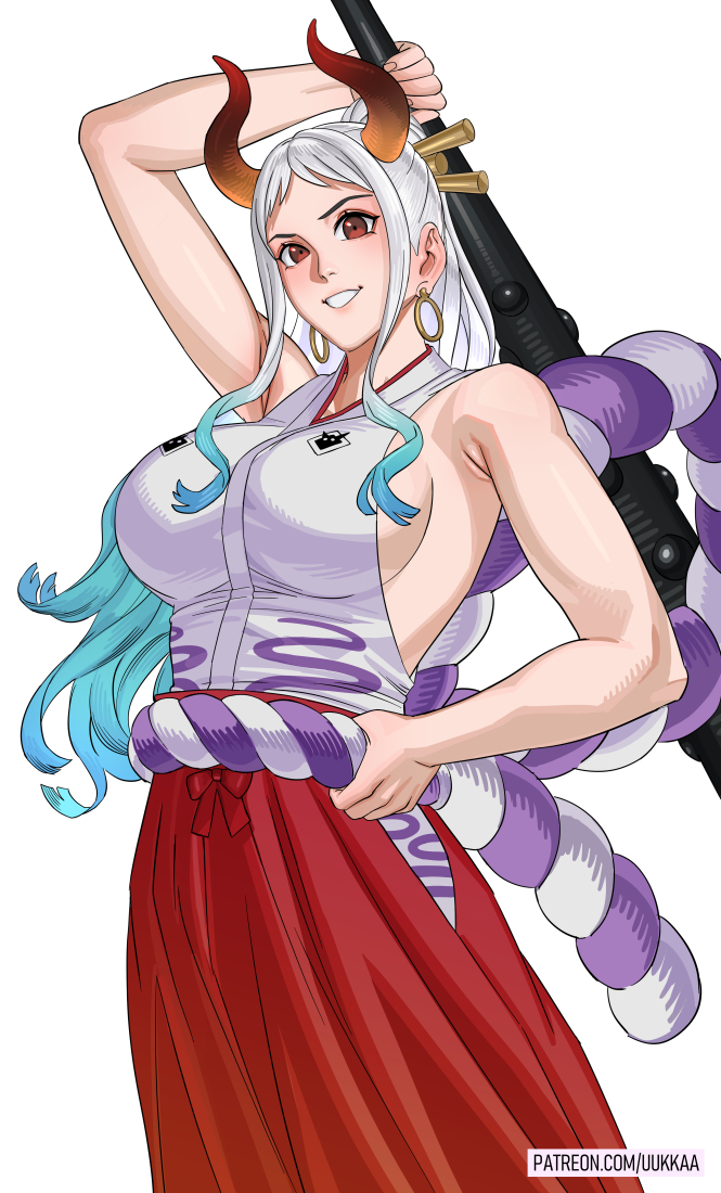 1girl arm_up armpit_crease bare_arms bare_shoulders blue_hair breasts cowboy_shot hair_ornament hakama hakama_pants high_ponytail holding holding_weapon horns japanese_clothes kimono large_breasts long_hair looking_at_viewer multicolored_hair one_piece pants parted_lips patreon_username ponytail red_eyes red_hakama rope sidelocks sleeveless sleeveless_kimono smile solo two-tone_hair uukkaa weapon white_background white_hair white_kimono yamato_(one_piece)