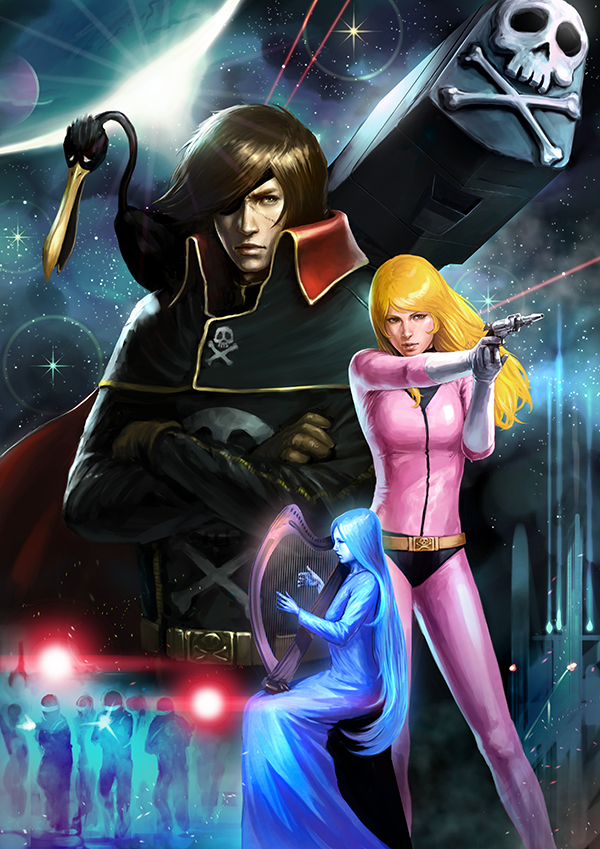 1970s_(style) 1990s_(style) 2girls alien arcadia bad_id bad_pixiv_id blonde_hair bodysuit brown_hair character_request claire crossover energy_gun ginga_tetsudou_999 harlock harlock_saga harp helmet instrument jolly_roger kei_yuki miime multiple_boys multiple_girls retro_artstyle pirate planet ray_gun realistic retro_artstyle scar science_fiction shotamaki soldier space spacecraft space_pirate star_(sky) uchuu_kaizoku_captain_harlock waga_seishun_no_arcadia weapon