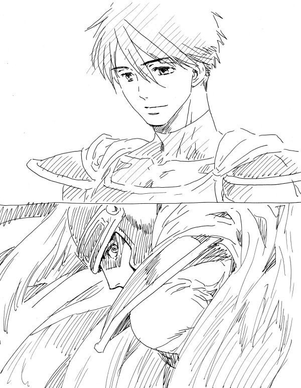 1boy armor bigeroo_(shangmerry) bodysuit cape commentary_request covered_collarbone covering_own_mouth dragon_quest dragon_quest_i dual_persona hatching_(texture) helmet hero_(dq1) light_smile looking_down looking_to_the_side male_focus monochrome partially_shaded_face plume profile short_hair sketch solo