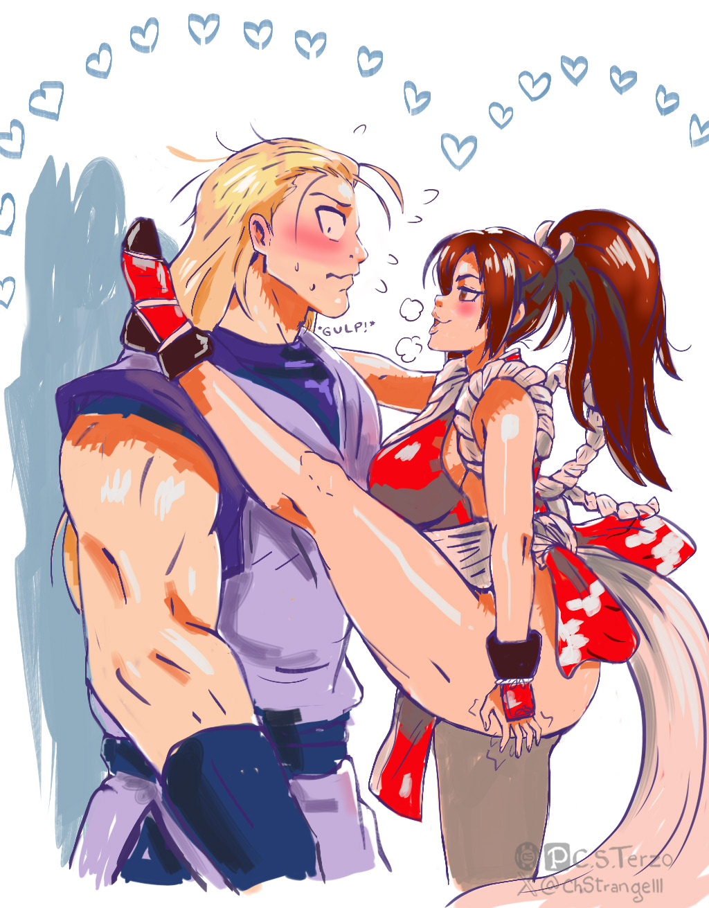 1boy 1girl against_wall andy_bogard artist_name ass assertive_female blush breasts brown_eyes brown_hair constricted_pupils fatal_fury feet fingerless_gloves flexible from_side gloves heart highres in_heat japanese_clothes large_breasts leg_lift leg_up legs leotard long_hair muscular muscular_male nervous nervous_sweating pants pink_lips ponytail puckered_lips shiranui_mai sideboob smile snk standing standing_on_one_leg sweat the_king_of_fighters thick_thighs thighs wide-eyed