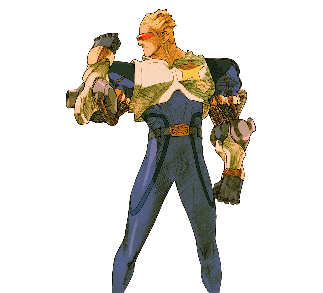 1boy armor black_gloves blonde_hair blue_bodysuit bodysuit captain_commando captain_commando_(character) cowboy_shot gloves looking_at_hand male_focus marvel_vs._capcom marvel_vs._capcom_2 mechanical_arms official_art red-tinted_eyewear short_hair simple_background solo tinted_eyewear transparent_background white_armor