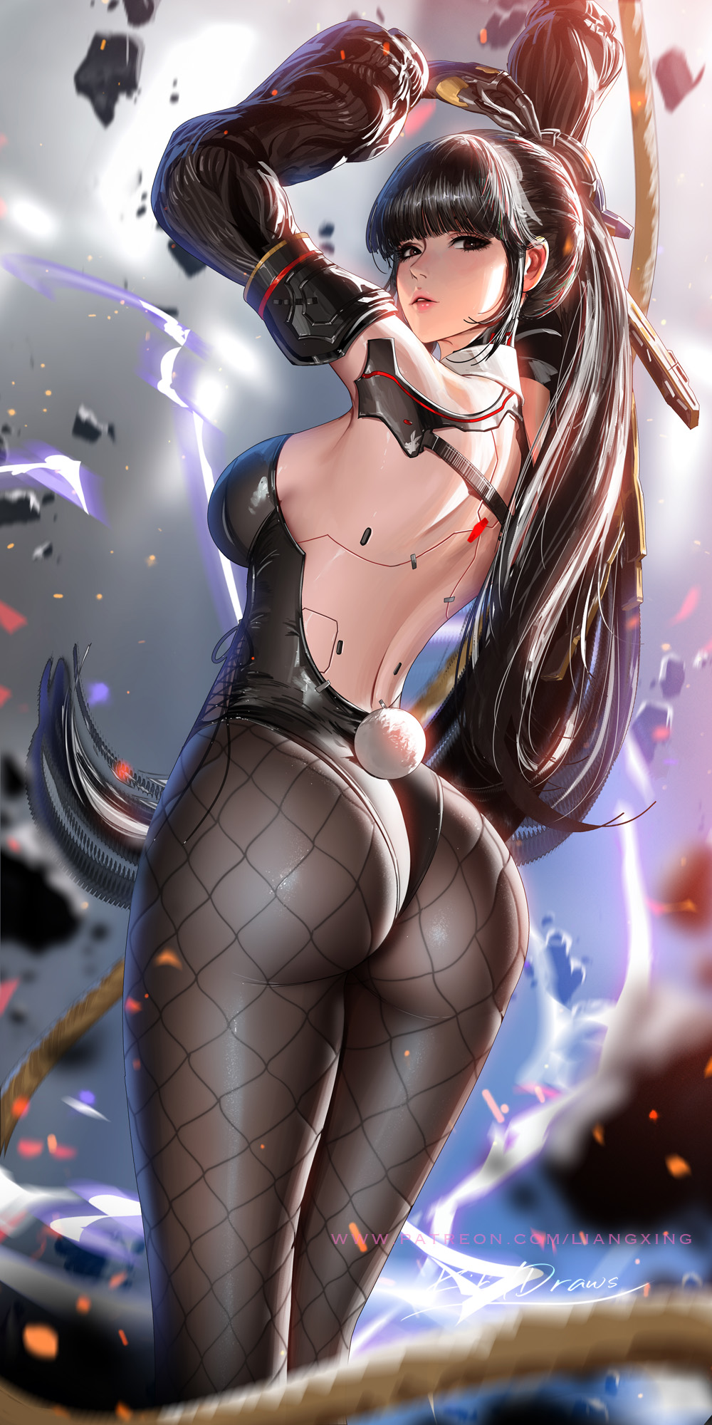 1girl android arms_up ass back backless_leotard black_eyes black_leotard breasts detached_sleeves eve_(stellar_blade) fishnet_pantyhose fishnets floating_hair from_behind grey_sky highres large_breasts leotard liang_xing long_hair looking_at_viewer looking_back pantyhose parted_lips ponytail rabbit_tail sky solo standing stellar_blade tail very_long_hair