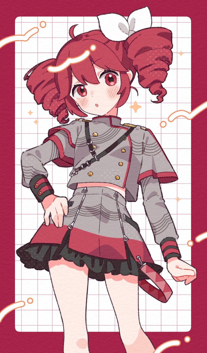 1girl :o ahoge binchou_maguro blush border drill_hair feet_out_of_frame frilled_skirt frills grey_shirt grey_skirt grid_background hair_ribbon hand_on_own_hip hashtag-only_commentary kasane_teto kasane_teto_(sv) long_sleeves looking_at_viewer open_mouth outside_border red_border red_eyes red_hair ribbon shirt short_hair skirt solo standing synthesizer_v twin_drills utau white_background white_ribbon
