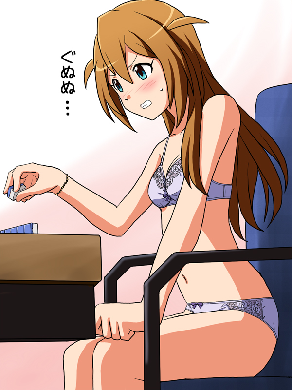 1girl baba_konomi blue_bra blue_eyes blue_panties blush bow bow_bra bow_panties bra bracelet breasts brown_hair chair commentary frown grimace holding holding_mahjong_tile idolmaster idolmaster_million_live! jewelry lielos long_hair looking_to_the_side mahjong mahjong_table mahjong_tile navel on_chair panties sitting small_breasts solo strip_game strip_mahjong sweatdrop table translated underwear underwear_only