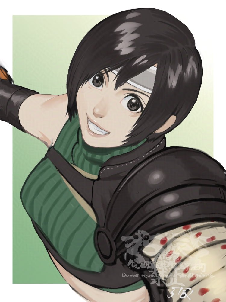 1girl 5tatsu armor artist_name black_gloves black_hair border breasts chest_strap crop_top elbow_gloves final_fantasy final_fantasy_vii final_fantasy_vii_remake gloves green_background green_shirt grey_eyes grin headband looking_at_viewer medium_breasts midriff pauldrons shirt short_hair shoulder_armor single_arm_guard single_bare_shoulder single_pauldron sleeveless sleeveless_turtleneck smile solo teeth turtleneck upper_body white_border yuffie_kisaragi