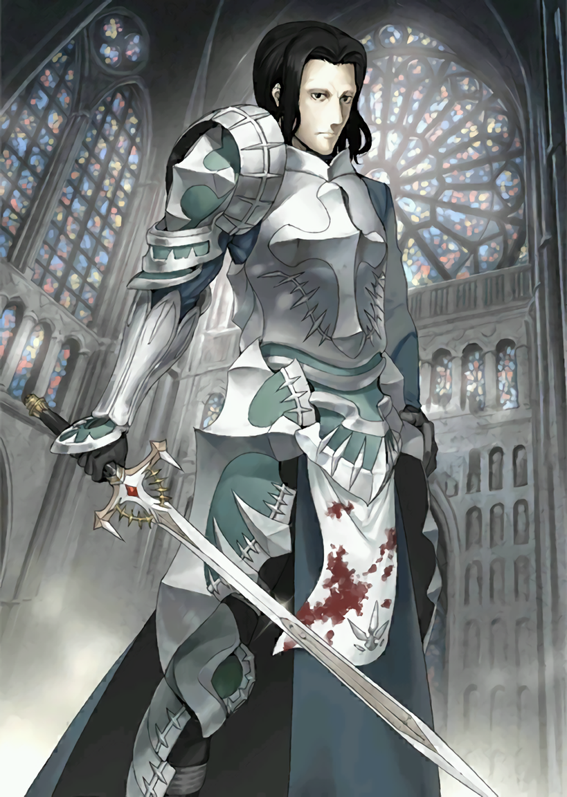1boy armor black_eyes black_hair blood blood_on_clothes church cross fate/grand_order fate_(series) gilles_de_rais_(caster)_(fate) gilles_de_rais_(fate) gilles_de_rais_(saber)_(fate) holding holding_sword holding_weapon looking_at_viewer male_focus official_art resized shinjirou solo sword upscaled waifu2x weapon