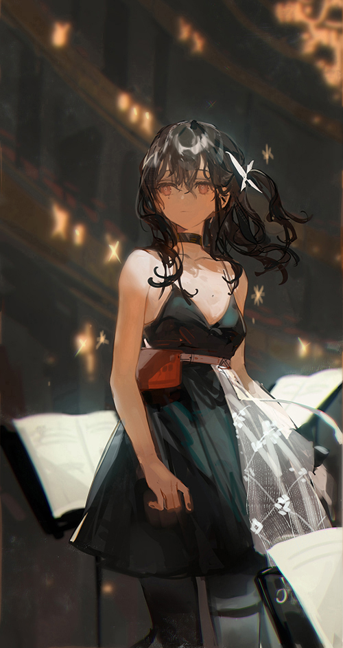 1girl aona_(ns) averting_eyes black_choker black_dress black_pantyhose breasts brown_hair choker cowboy_shot dress girls&#039;_frontline girls&#039;_frontline_neural_cloud hair_between_eyes hair_ornament hatsuchiri_(neural_cloud) medium_hair mole mole_on_breast music_stand official_alternate_costume one_side_up pantyhose red_eyes small_breasts solo spaghetti_strap