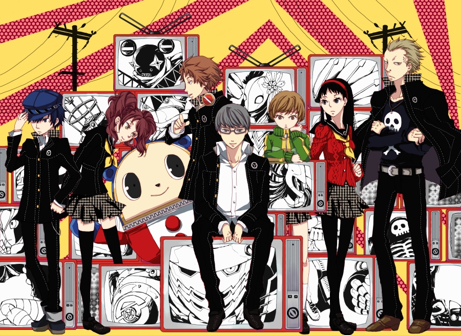4boys 4girls amagi_yukiko androgynous ao773 atlus bad_id bad_pixiv_id bear belt black_eyes black_hair blonde_hair blue_eyes blue_hair breasts brown_eyes brown_hair bullet cabbie_hat cardigan crossdressing dual_persona everyone glasses green_shirt grey_eyes hairband hanamura_yousuke hat headphones headphones_around_neck himiko_(persona_4) houndstooth izanagi_(persona_4) jacket jewelry jiraiya_(persona_4) jolly_roger kintoki-douji konohana_sakuya_(persona) kujikawa_rise kuma_(persona_4) lineup long_twintails loose_clothes loose_shirt medium_breasts multiple_boys multiple_girls narukami_yu necklace nose_piercing pants pantyhose persona persona_4 piercing platform_footwear red_eyes red_hair reverse_trap satonaka_chie scar school_uniform serafuku shirogane_naoto shirt shoes short_hair sitting skirt small_breasts spiked_hair standing straight_hair sukuna_hikona sweater take-mikazuchi take_mikazuchi tatsumi_kanji television thighhighs tomboy tomoe_(persona_4) track_jacket twintails wavy_hair