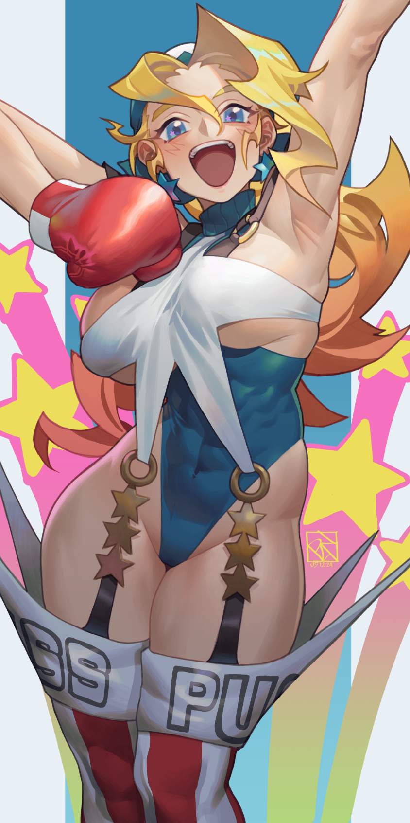 1girl abs armpits bandana blonde_hair blue_eyes boxing_gloves breasts cropped_legs earrings highleg highres jewelry justice_gakuen large_breasts leotard long_hair o-ring open_mouth poch4n shiritsu_justice_gakuen smile solo standing star_(symbol) tiffany_lords