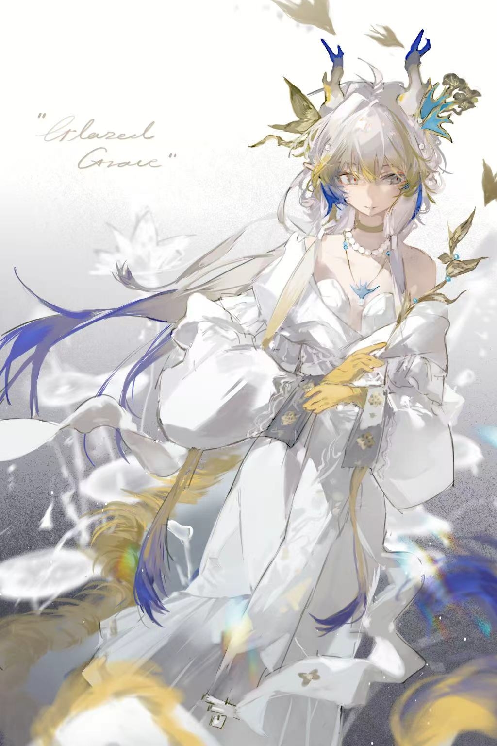 1girl ambience_synesthesia arknights bare_shoulders blonde_hair blue_hair chinese_commentary choker closed_mouth colored_extremities commentary_request dragon_girl dragon_horns dress gradient_background grey_background grey_eyes hair_between_eyes hewu639356 highres horns jewelry lens_flare light_smile long_hair long_sleeves looking_to_the_side multicolored_hair necklace off_shoulder official_alternate_costume pearl_necklace shu_(arknights) shu_(bingwenyuyou)_(arknights) solo white_background white_dress white_hair yellow_choker