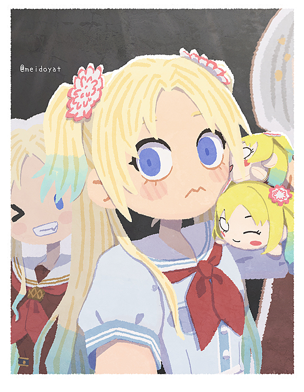 1girl 3: ;) ;d blonde_hair blue_eyes blue_hair blush blush_stickers border breast_pocket cardboard_cutout closed_mouth commentary_request doll fake_photograph flower gradient_hair grin hair_flower hair_ornament highres holding holding_doll indoors kan_kanna light_blue_hair link!_like!_love_live! long_hair love_live! meidosan multicolored_hair nesoberi one_eye_closed open_mouth osawa_rurino parted_bangs photo-referenced pink_flower pocket selfie smile solo twintails twitter_username upper_body virtual_youtuber white_border yugiri_tsuzuri