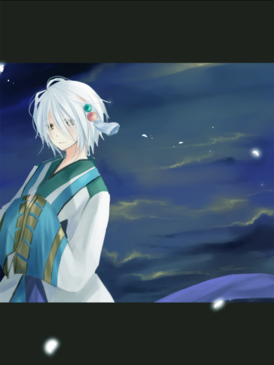 1boy blue_sky closed_mouth cloud commentary_request eyes_visible_through_hair hair_over_eyes hanbok hands_in_opposite_sleeves korean_clothes letterboxed long_bangs long_sleeves looking_at_viewer male_focus ragnarok_online shirt short_hair sky smile solo soul_linker_(ragnarok_online) upper_body wane_(ruki) white_shirt wide_sleeves wind_chime yellow_eyes