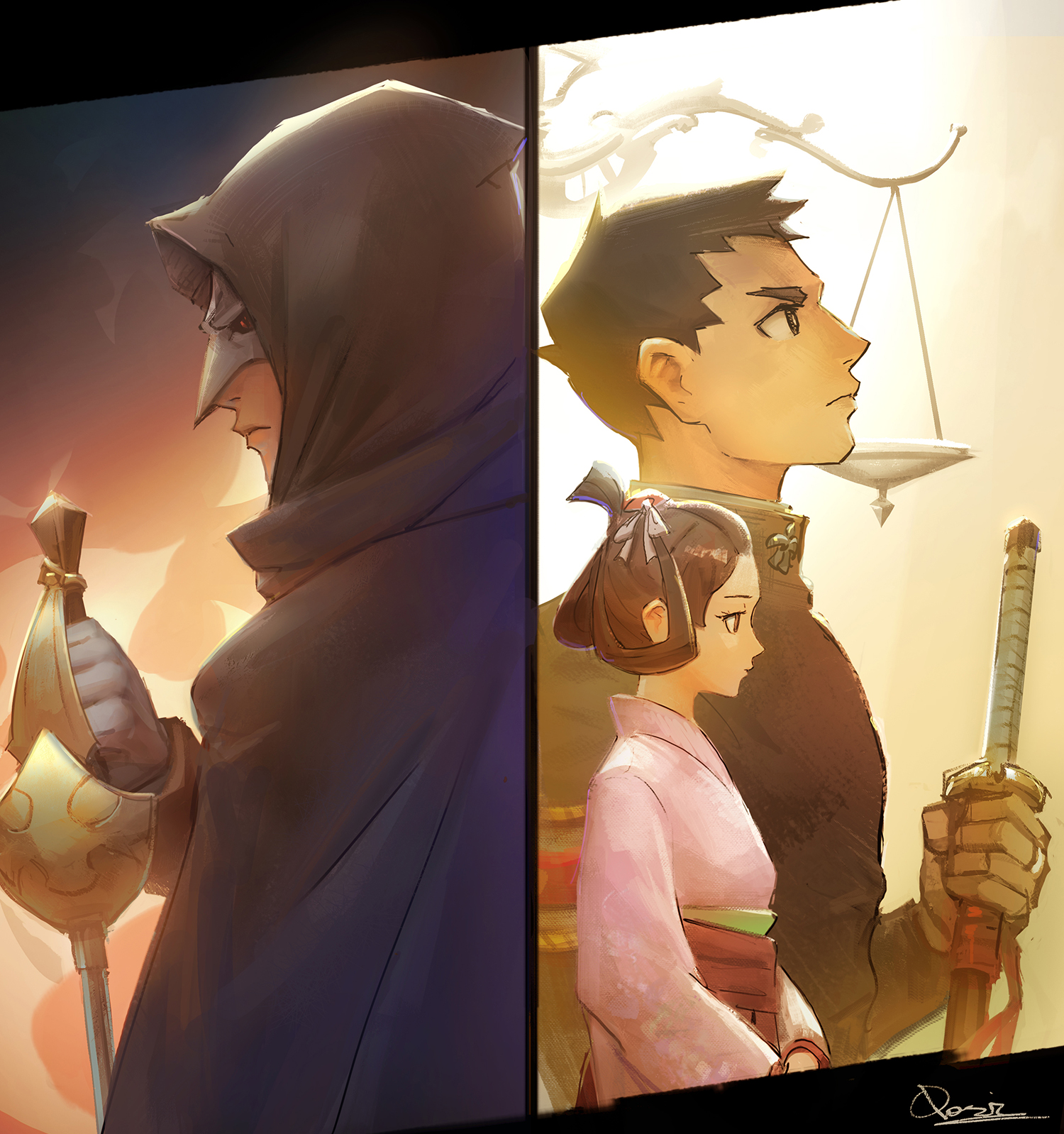1girl 2boys ace_attorney brown_eyes brown_hair from_side highres hood japanese_clothes katana kazuma_asogi kimono mask multiple_boys qosic ryunosuke_naruhodo spoilers susato_mikotoba sword the_great_ace_attorney weapon