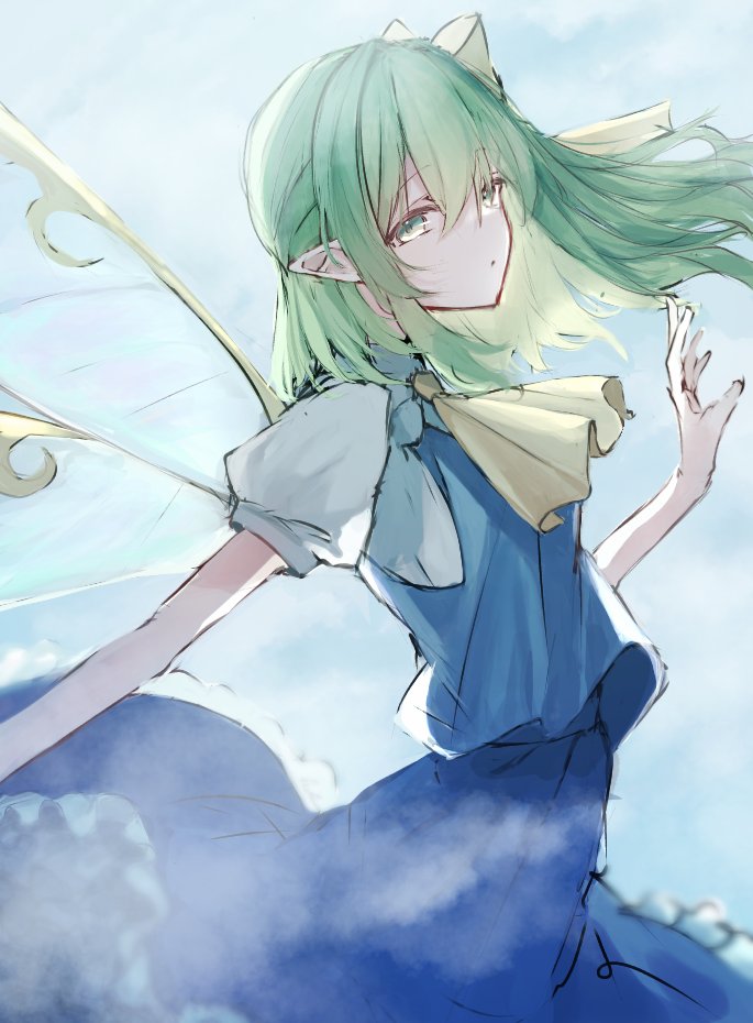 1girl blue_dress blue_vest daiyousei dress expressionless fairy fairy_wings fog frills from_side green_eyes green_hair hair_between_eyes medium_hair neckerchief pointy_ears ribbon shirt short_sleeves solo t03p0iungjj1krn touhou vest white_shirt wings yellow_neckerchief yellow_ribbon