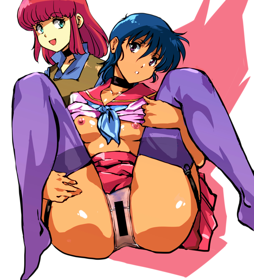 2girls ass bar_censor blue_hair breasts brown_eyes censored choker cleavage collarbone commentary_request cream_lemon female_pubic_hair kamisimo_90 knees_up long_hair mai_(pop_chaser) medium_breasts multiple_girls nipples no_bra open_clothes open_shirt panties pink_panties pink_skirt pop_chaser presenting pubic_hair purple_shirt red_hair rio_(pop_chaser) school_uniform see-through_clothes shirt short_hair sidelocks skirt spread_legs thighhighs underwear