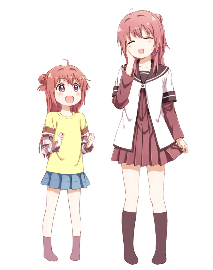 2girls :d akaza_akane akaza_akari blush commentary_request double_bun full_body hair_bun long_hair multiple_girls nanamori_school_uniform open_mouth pink_hair pink_socks purple_eyes red_hair school_uniform shikou_sakugo_(qqap9gt9k) shirt siblings simple_background sisters smile socks tagme yellow_shirt yuruyuri