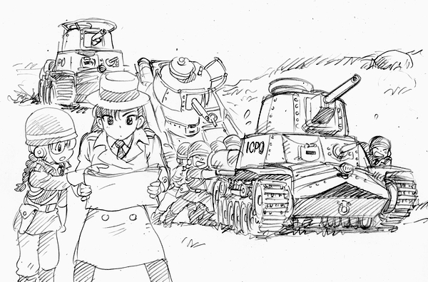 10s 6+girls asari_yoshitoo braid castle_of_cagliostro coat commentary cosplay fedora fukuda_haru girls_und_panzer glasses greyscale hat helmet holster long_hair lupin_iii military military_vehicle monochrome motor_vehicle multiple_girls necktie nishi_kinuyo parody pointing police police_uniform policewoman pushing sketch sweatdrop tank trench_coat type_95_ha-gou type_97_chi-ha zenigata_kouichi zenigata_kouichi_(cosplay)