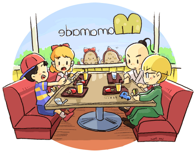 1girl 3boys black_eyes black_hair blonde_hair bubble_monkey child food gameplay_mechanics glasses hat jeff_andonuts mother_(series) mother_2 multiple_boys ness_(mother_2) nintendo paula_(mother_2) poo_(mother_2) restaurant ribbon smile