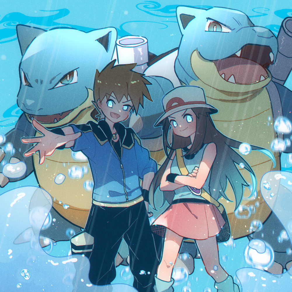 1boy 1girl bag black_pants black_shirt blastoise blue_eyes blue_jacket blue_oak blue_oak_(sygna_suit) brown_hair bucket_hat closed_mouth commentary_request crossed_arms gen_1_pokemon glowing glowing_eyes hair_flaps hat jacket jewelry knees leaf_(pokemon) long_hair looking_at_viewer maccha_pamocute necklace nintendo official_alternate_costume outstretched_arm pants pleated_skirt pokemon pokemon_(creature) pokemon_frlg pokemon_masters_ex rain shirt short_hair shoulder_bag sidelocks skirt sleeveless sleeveless_shirt smile socks spiked_hair spread_fingers vs_seeker white_hat wristband yellow_bag zipper_pull_tab