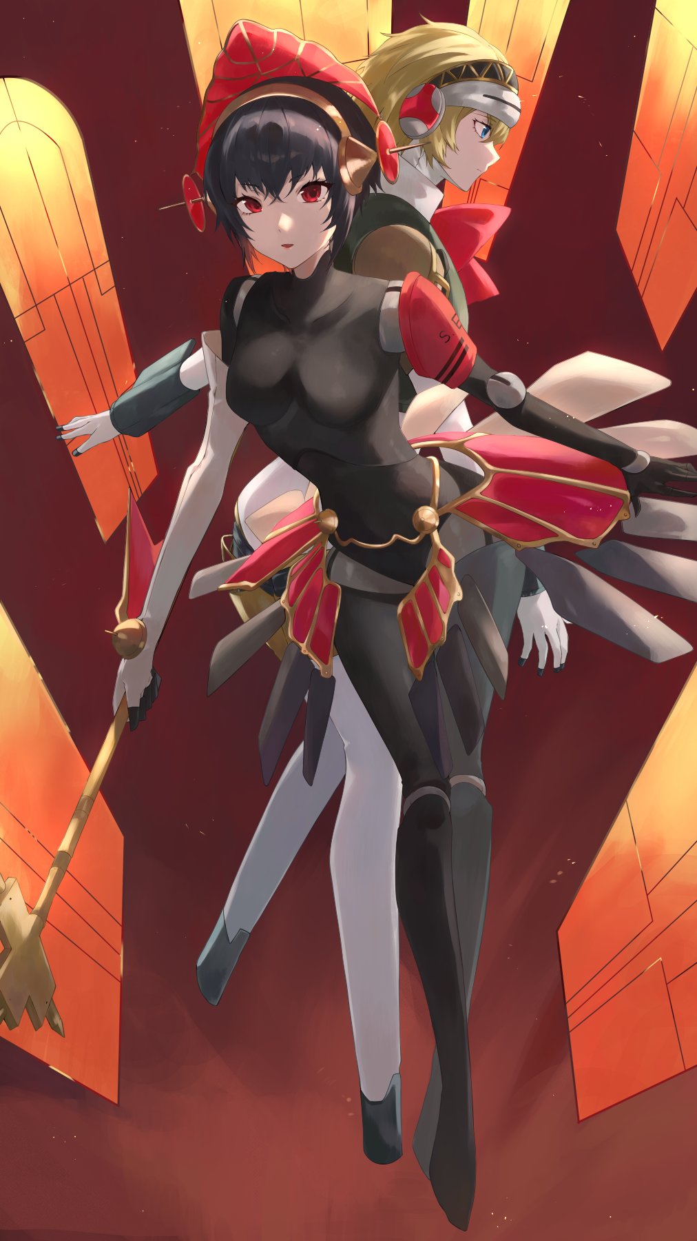 2girls aigis_(persona) black_hair blonde_hair blue_eyes bow bowtie from_side full_body headset highres holding holding_staff joints konchi_(63438789) looking_at_viewer metis_(persona) multiple_girls persona persona_3 red_bow red_bowtie red_eyes robot_girl robot_joints short_hair siblings sisters skirt staff standing