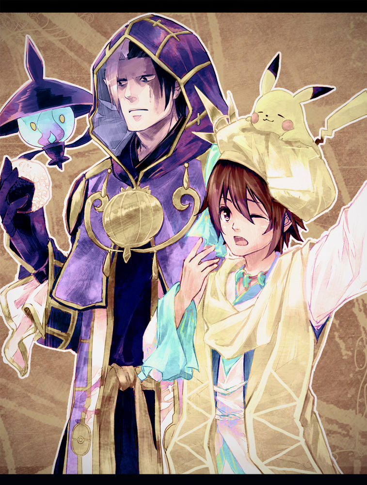 arms_up beret brown_eyes brown_hair closed_eyes food gen_1_pokemon gen_5_pokemon hat hood japanese_clothes kimono kuroda_kanbei lace-trimmed_sleeves lace_trim lampent magatama multicolored_hair nintendo on_head onigiri open_mouth pikachu poke_ball_print pokemon pokemon_(creature) pokemon_conquest pokemon_on_head scarf sengoku_musou takenaka_hanbei two-tone_hair yawning yellow_scarf