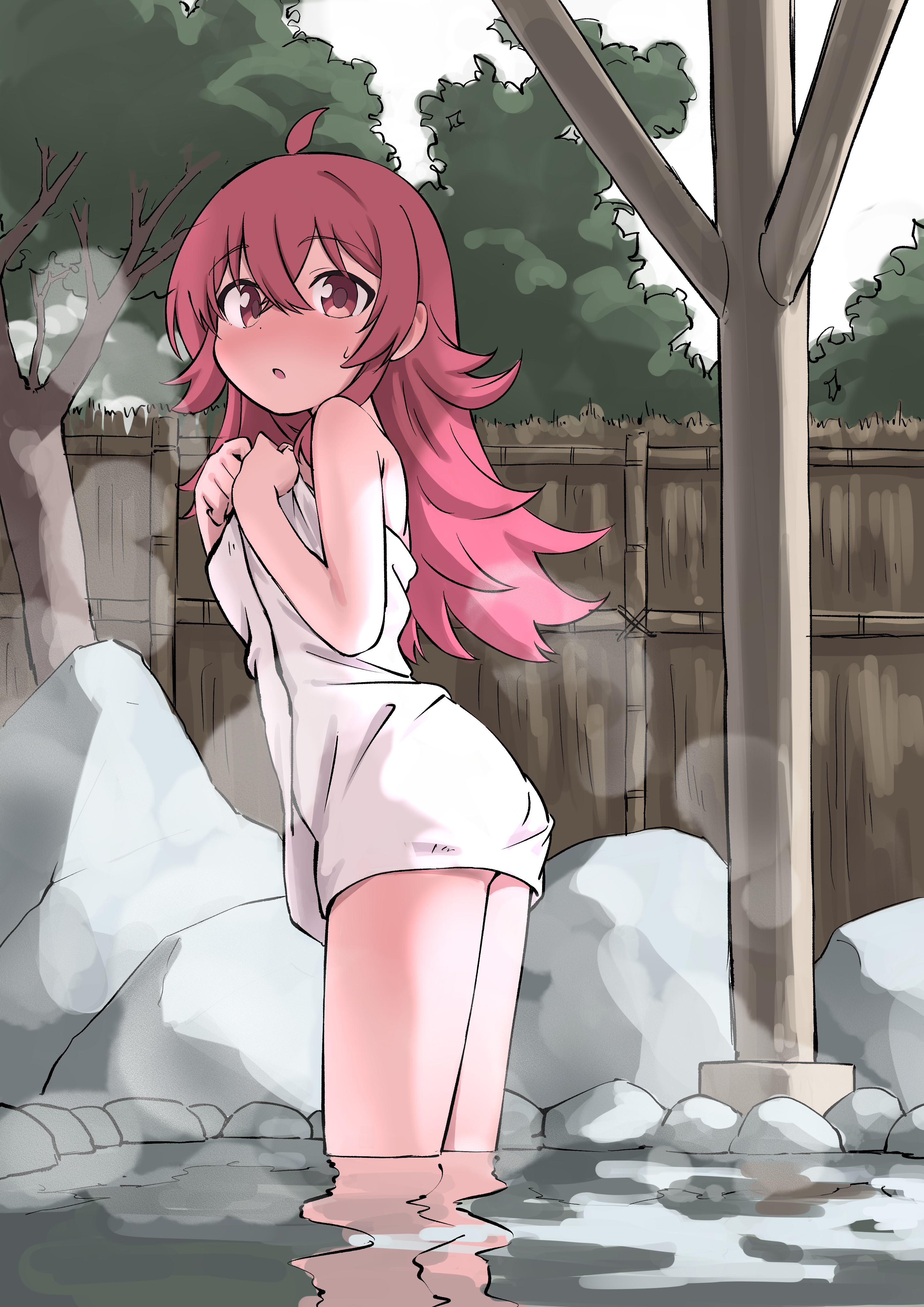 1girl :o ahoge bare_arms bare_shoulders blush crossed_bangs fence flipped_hair from_side hair_between_eyes hands_up holding holding_towel idolmaster idolmaster_shiny_colors komiya_kaho long_hair looking_at_viewer looking_to_the_side naked_towel onsen open_mouth red_eyes red_hair rock solo standing steam sweatdrop tamura-chan towel tree wading water wooden_fence