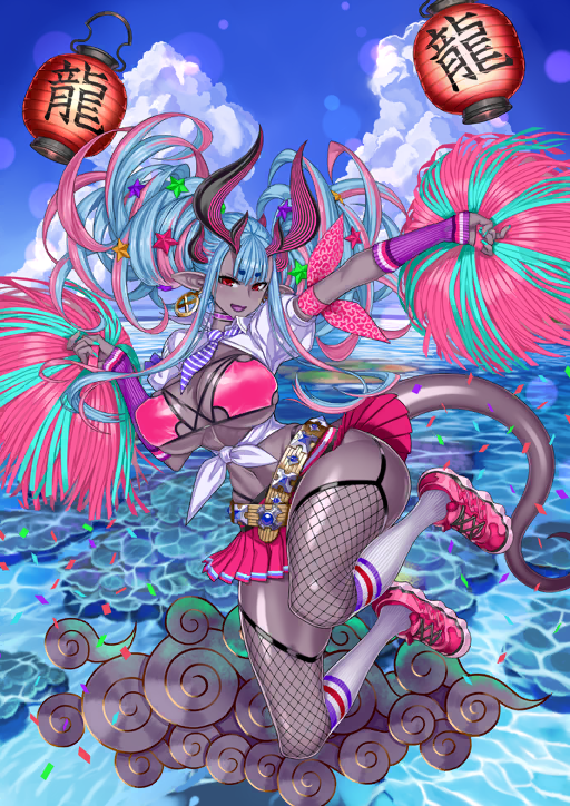 1girl :d arm_warmers bikini bikini_under_clothes blue_background blue_hair blue_sky breasts caustics center-flap_bangs choker cleavage cloud collarbone collared_shirt colored_skin curvy earrings fate/grand_order fate_(series) fingernails fishnet_thighhighs fishnets floating floating_hair floating_object full_body game_cg gold_belt gold_earrings green_nails hair_ornament hands_up holding holding_pom_poms honjou_raita horns huge_breasts ibuki_douji_(fate) ibuki_douji_(swimsuit_berserker)_(fate) ibuki_douji_(swimsuit_berserker)_(second_ascension)_(fate) jewelry kneehighs lantern legs_up long_fingernails long_pointy_ears long_sidelocks looking_at_viewer miniskirt multicolored_hair multiple_horns navel necktie official_art open_clothes open_mouth open_shirt outstretched_arm panty_straps paper_lantern pink_bikini pink_choker pink_hair pink_shoes pink_skirt pleated_skirt pointy_ears pom_pom_(cheerleading) pom_poms purple_arm_warmers purple_necktie purple_skin red_eyes revealing_clothes shiny_skin shirt shoes short_hair_with_long_locks short_necktie short_sleeves sidelocks skirt sky smile sneakers socks solo star_(symbol) star_hair_ornament streaked_hair striped_necktie swimsuit swimsuit_under_clothes tail thighhighs third-party_source tied_shirt twintails two-tone_necktie underboob variant_set water white_shirt white_socks wide_hips wing_collar
