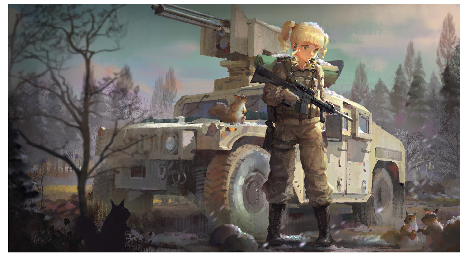 1girl animal black_boots blonde_hair blunt_bangs boots camouflage camouflage_jacket camouflage_pants day female_focus forest gloves grey_eyes grey_gloves gun highres holding holding_gun holding_weapon holster jacket microphone military military_uniform nature original outdoors pants psi_(583278318) rifle snow_on_head snowing solo squirrel thigh_holster twintails weapon