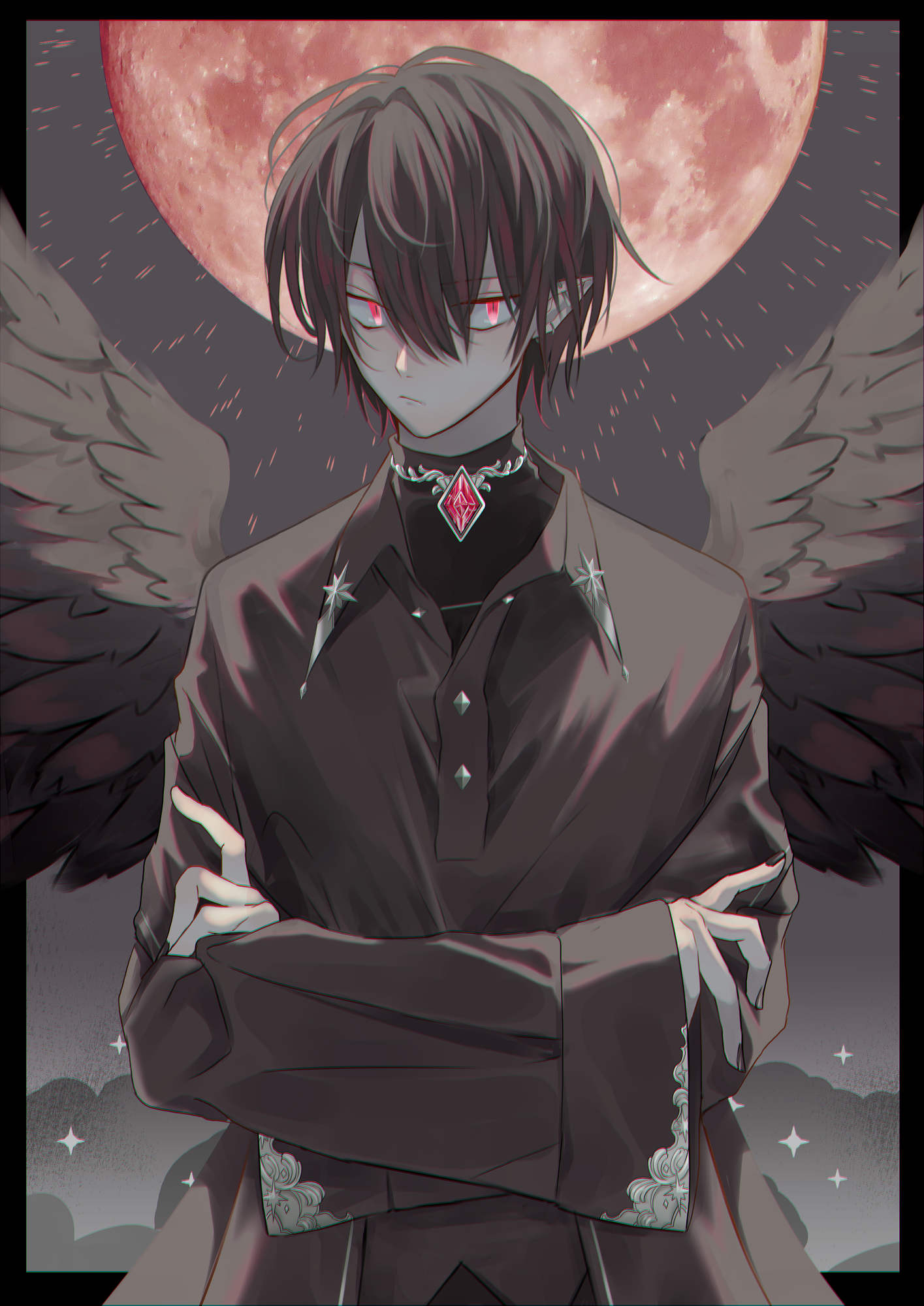 1boy :/ angel_wings black_hair black_nails black_robe black_shirt black_wings closed_mouth compression_shirt cowboy_shot demon_boy full_moon hair_between_eyes highres looking_at_viewer male_focus moon multicolored_hair original purimo_(xxxmofmof) red_eyes red_hair red_moon robe shirt short_hair slit_pupils solo star_(symbol) two-tone_hair wings